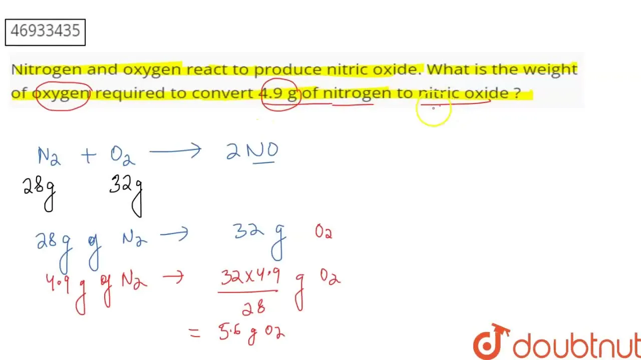Nitrogen and oxygen react to produce nitric oxide. What is the weight