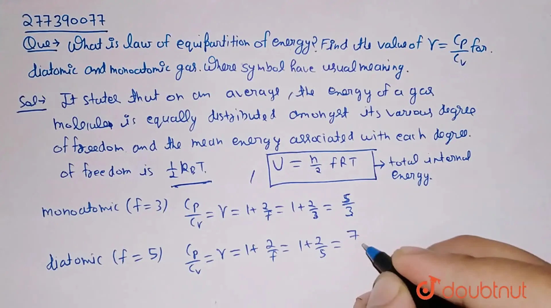 What is law of equipartition of energy? Find the value of gamma=C(p)//