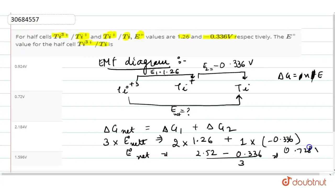 For half cells Ti^(3+)//Ti^(+) and Ti^(+)//Ti,E^(@) values are 1.26 an