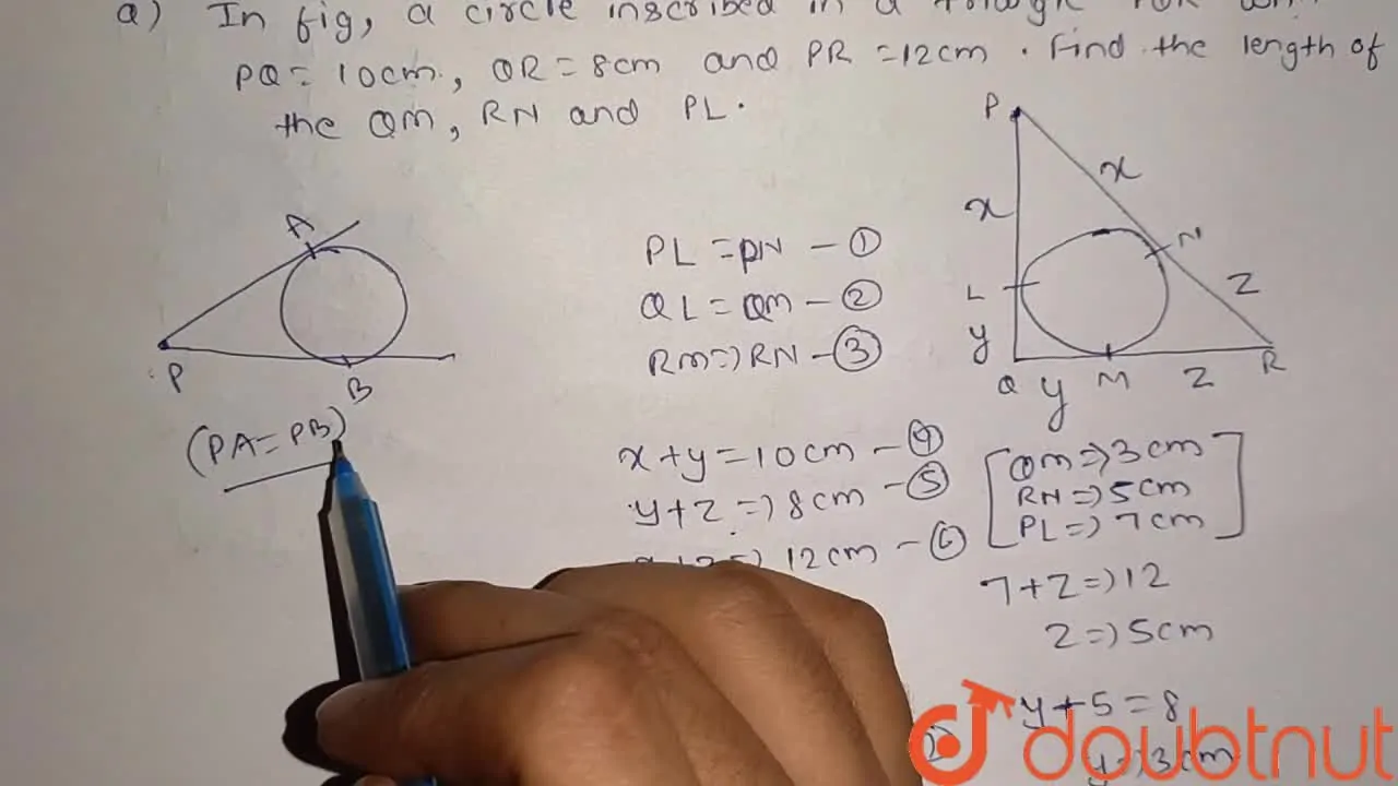 In fig , a circle isinscribed in a triangle PQR with PQ = 10 cm , QR