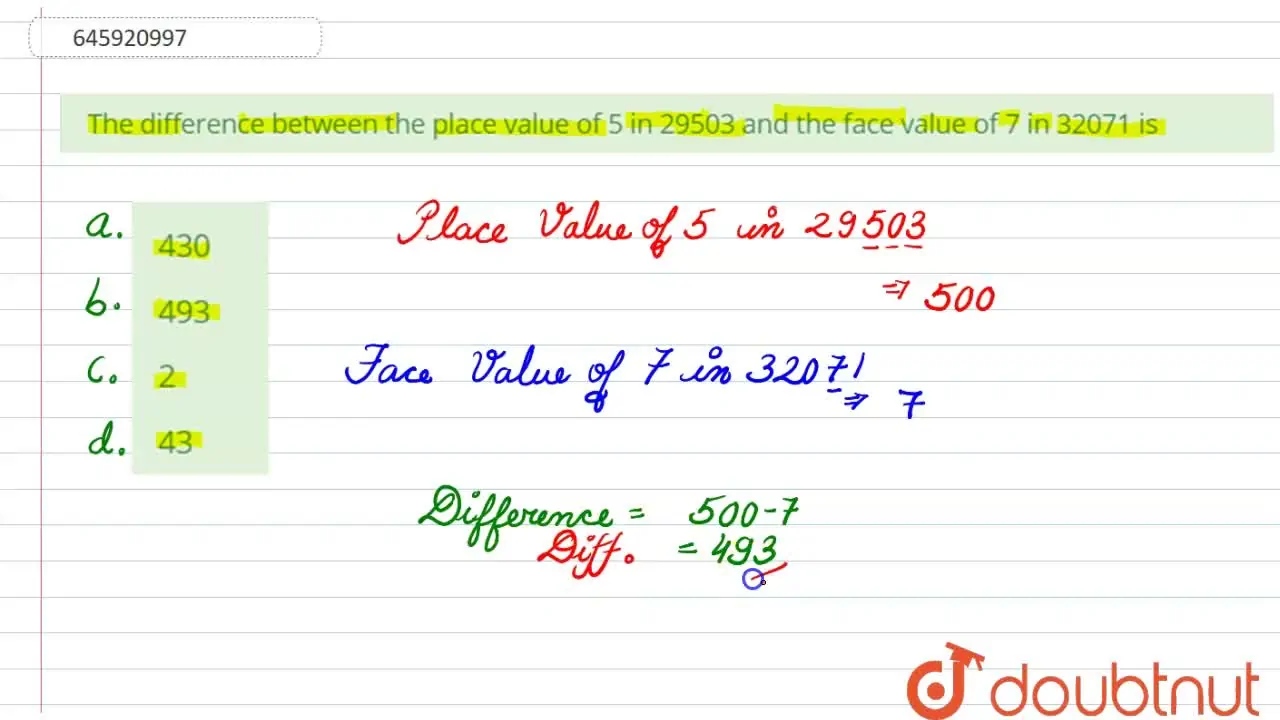 The difference between the place value of 5 in 29503 and the face valu