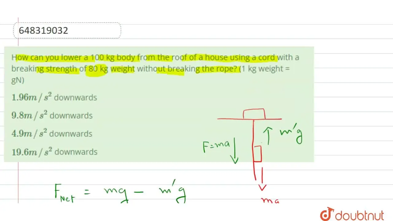 How can you lower a 100 kg body from the roof of a house using a cord