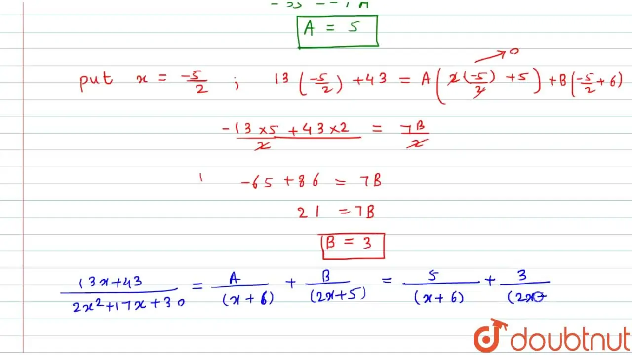 Resolve into Partial Fractions (v) (13x+43)/(2x^(2)+17x+30)