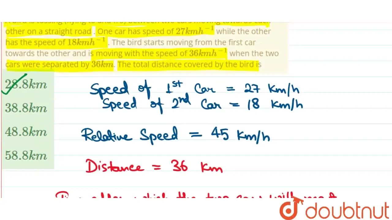 A bird is tossing (flying to and fro) between two cars moving towards