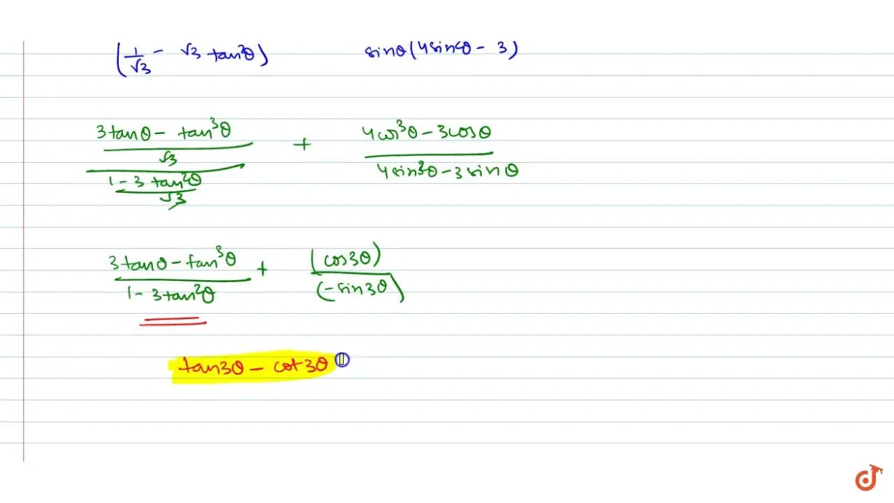 If `theta=pi/8` then the value of expression  `(tantheta(tanpi/3-tanpi/6tan^2theta))/((tanpi/6-tanpi/3tan^2theta))+(4cos^2theta-tan^2  pi/3)/(tantheta(4sin^2theta-tan^2 pi/3))` is