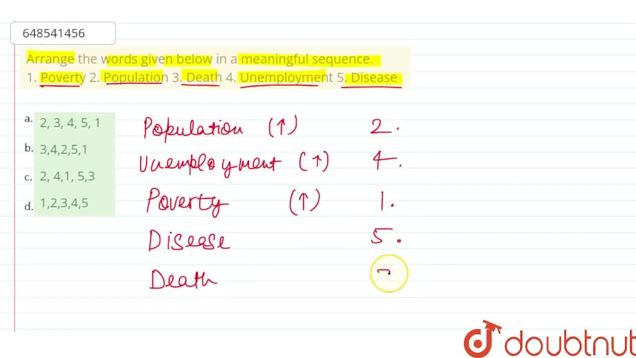 Arrange the words given below in a meaningful sequence. 1. Poverty