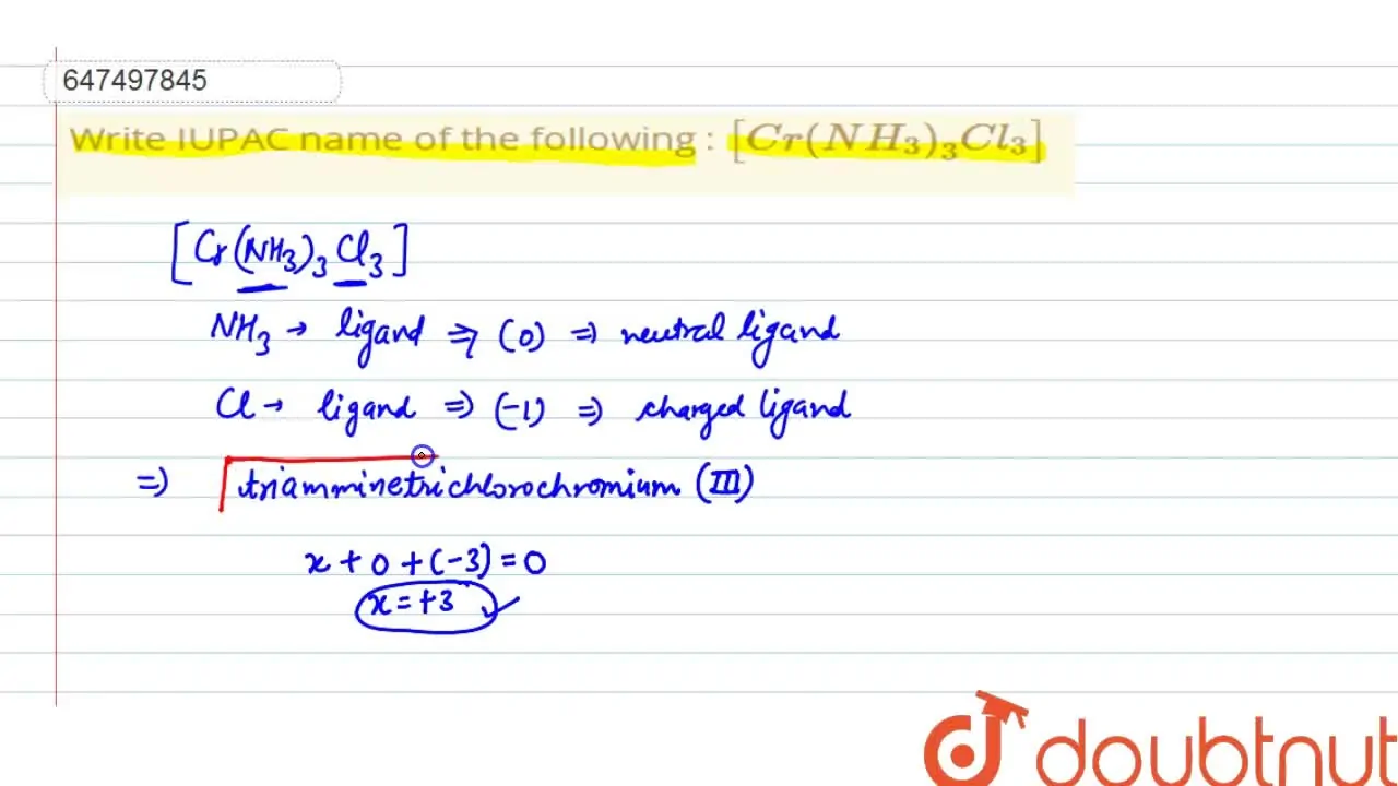 Write IUPAC name of the following : `[Cr(NH_3)_3Cl_3]`