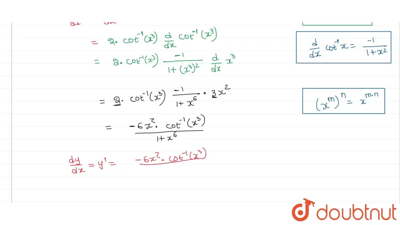 [Telugu] Find the derivative of [cot^(1) (x^3)]^2
