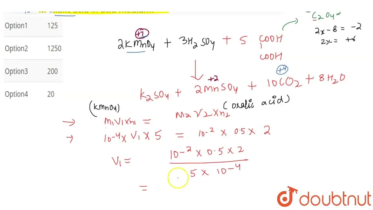 Acidified KMnO4 oxidises oxalic acid to CO2. What is the volume (in li