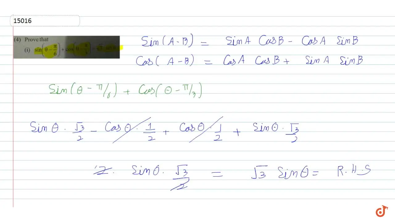 Prove that `sin(theta - pi/6) + cos(theta - pi/3) = sqrt3 sintheta`