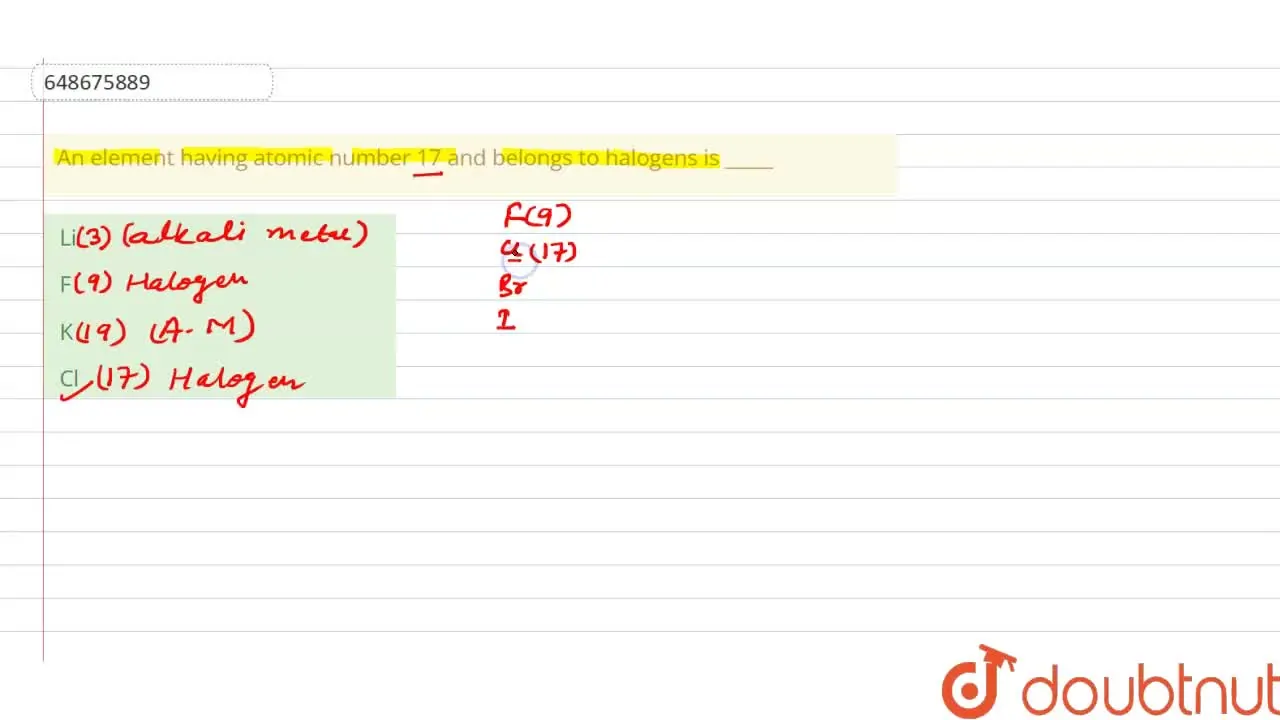 An element having atomic number 17 and belongs to halogens is