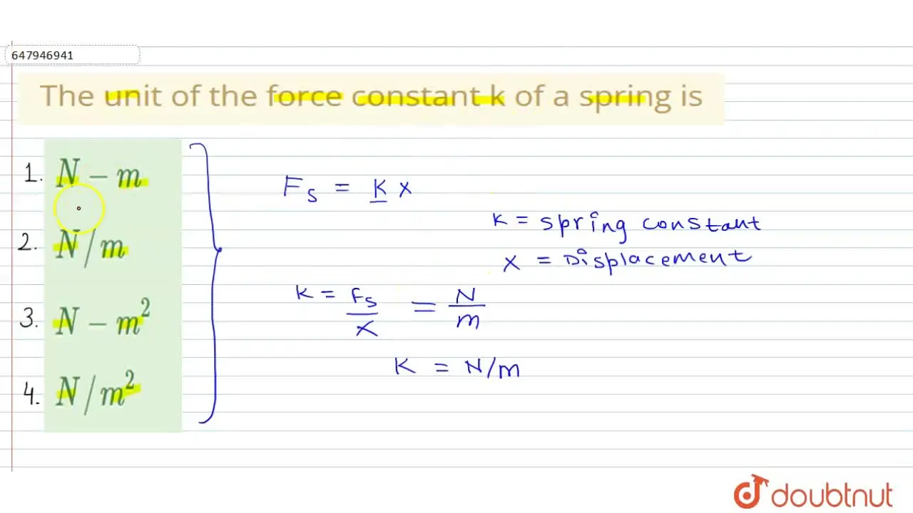 The unit of the force constant k of a spring is