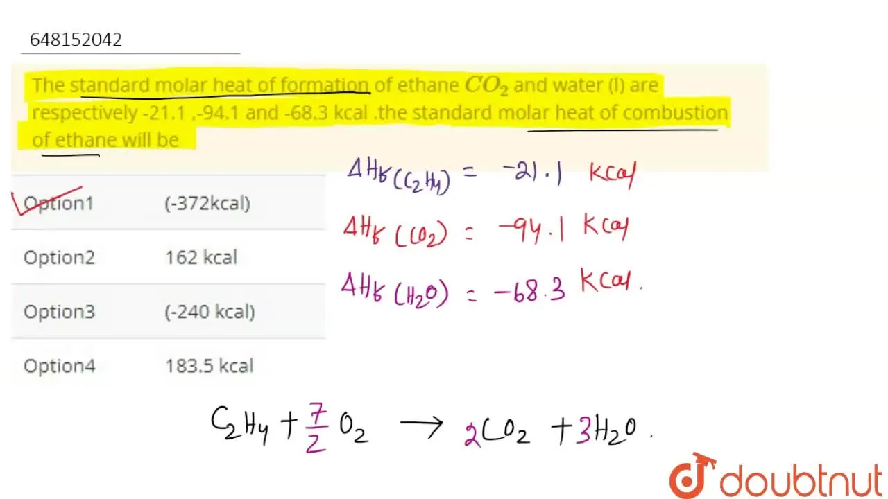 The standard molar heat of formation of ethane CO2 and water (l) are r