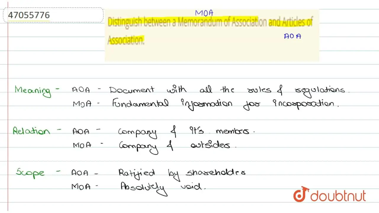 Distinguish between a Memorandum of Association and Articles of Associ