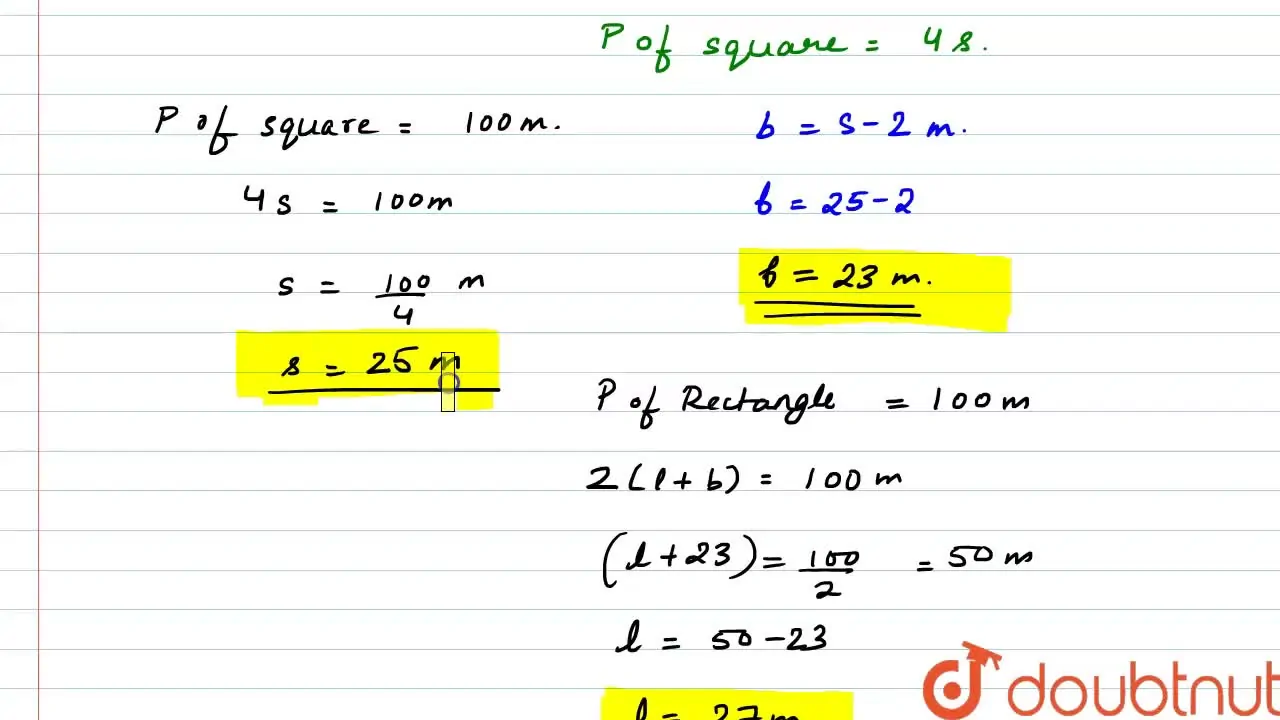 A rectangle and a square have the same perimeter 100 m. Find the side