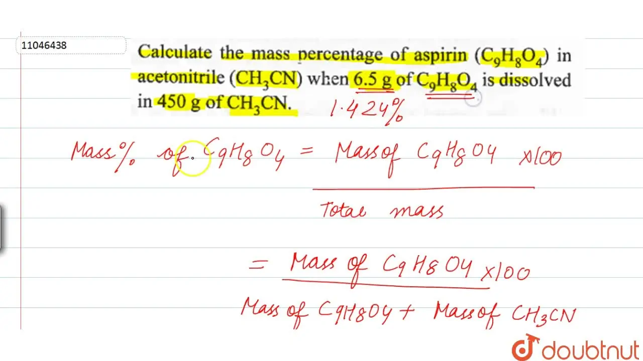 Calculate the mass percentage of aspirin (C(9)H(8)O(4)) in acetonitril