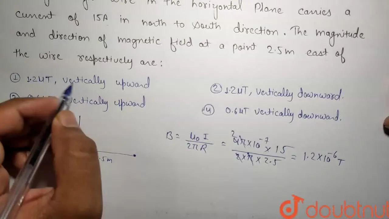 A long straight wire in the horizontal plane carries a current of 15 A