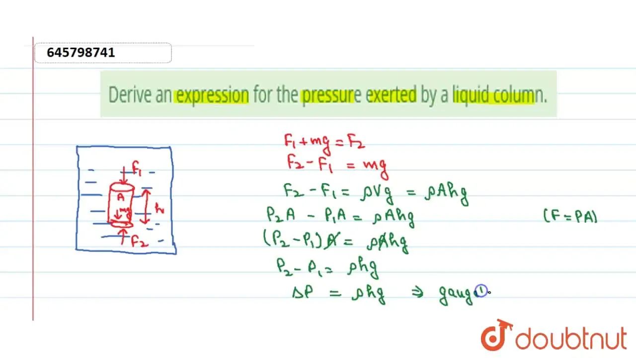 [Punjabi] Derive an expression for the pressure exerted by a liquid co
