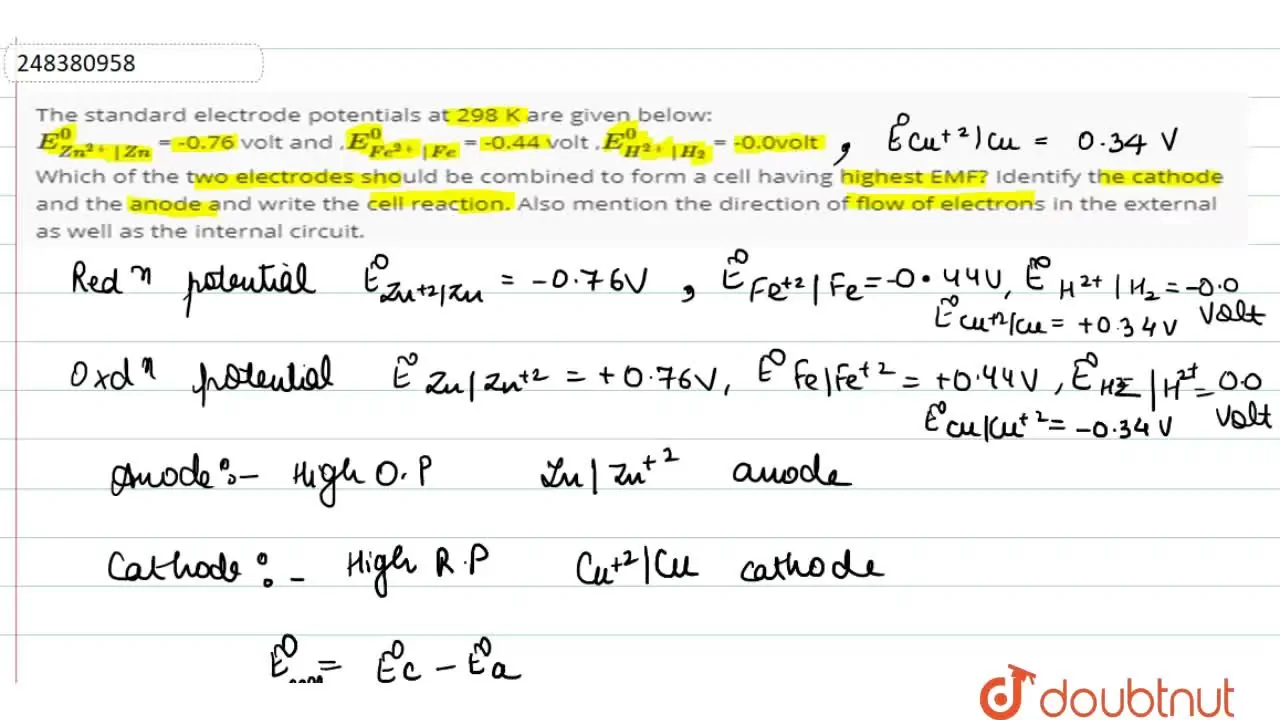 The standard electrode potentials at 298 K are given below E(Zn^(2+)