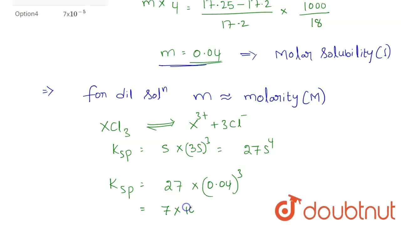 A saturated solution of `XCl_(3)` has a vapour pressure 17.20 mm Hg at  `20^(@)C`, while pure water vapour pressure is 17.25 mm Hg. Solubility  product (`K_(sp)`) of `XCl_(3)` at `20^(@)`C is :