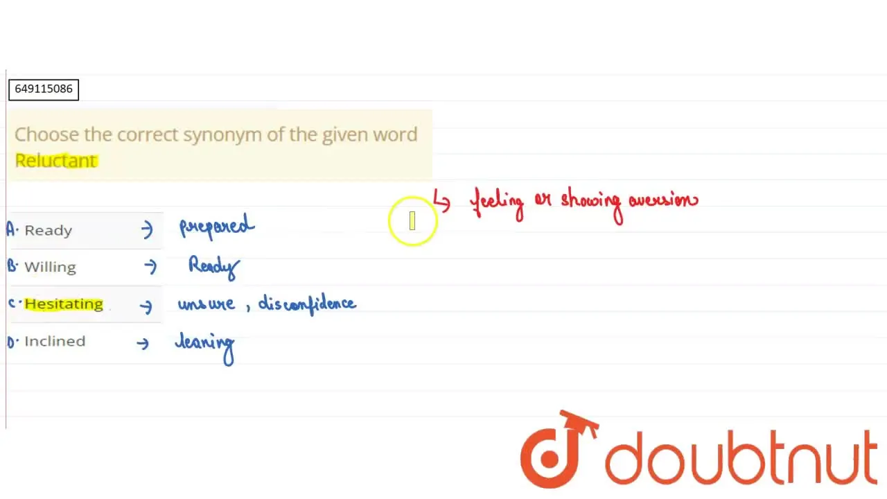 Choose the correct synonym of the given word Reluctant
