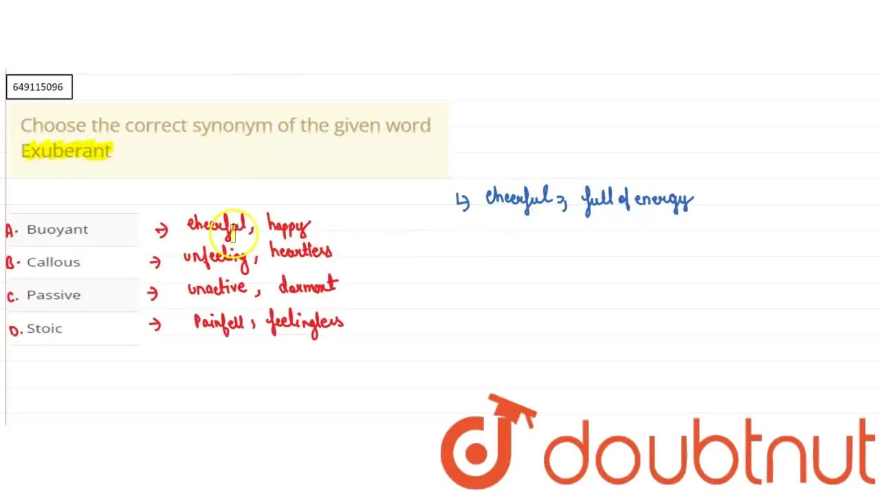 Choose the correct synonym of the given word Exuberant