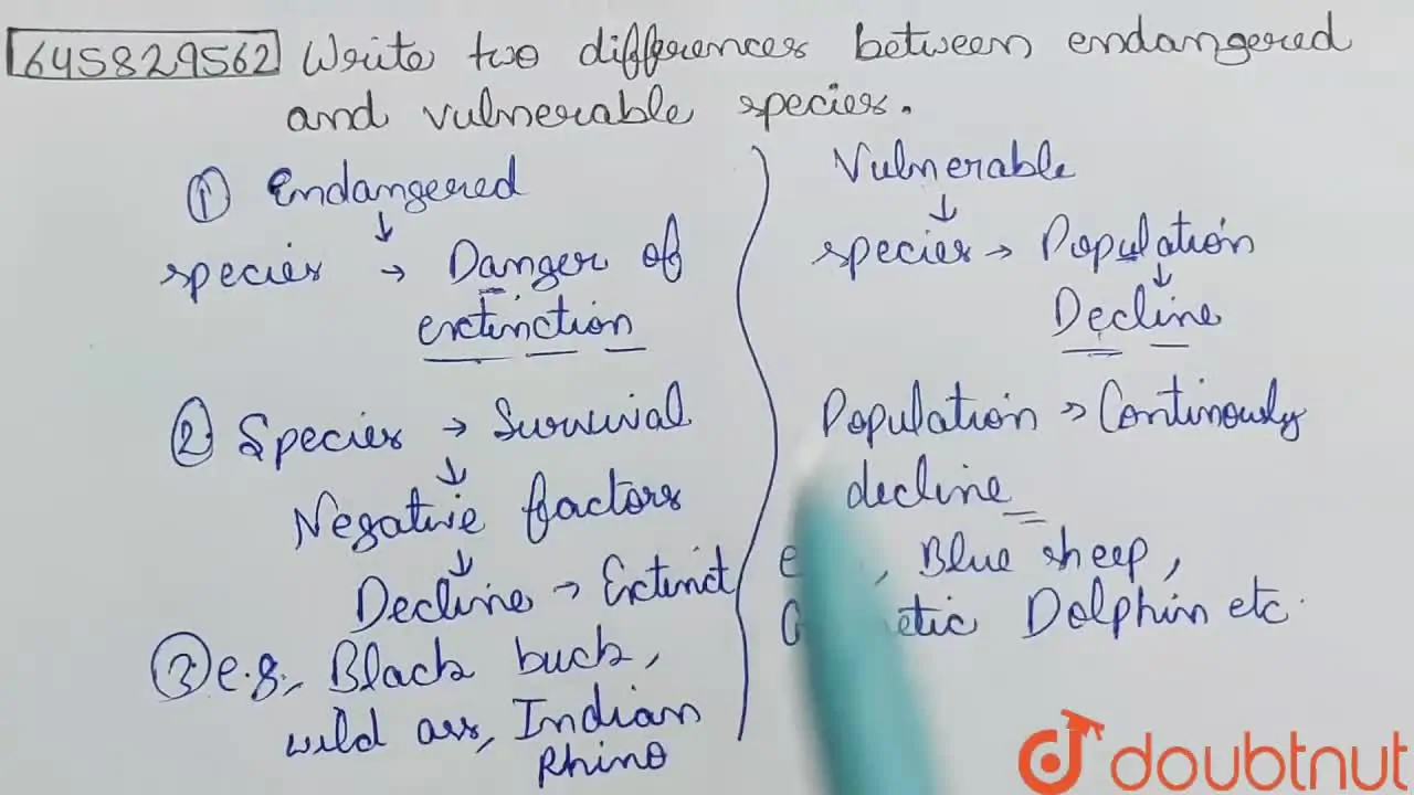 Write two differences between endangered and vulnerable species.