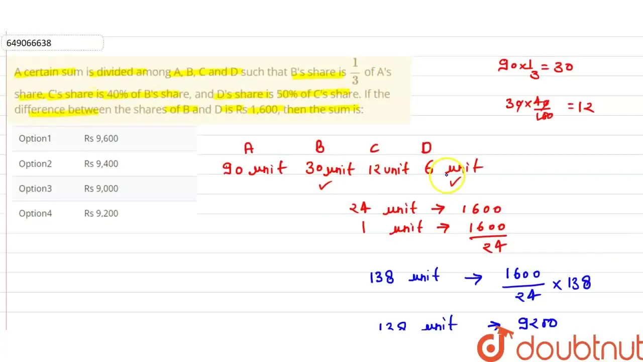 A Certain Sum Is Divided Among A, B, C And D Such That B's Share Is 1/