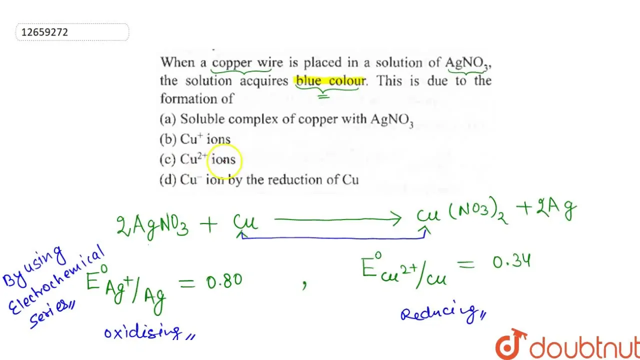 When a copper wire is placed I a solution of AgNO3, the solution acqu
