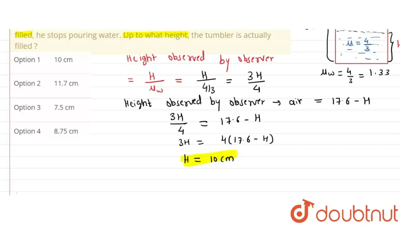 A glass tumbler having irmer depth of 17.5 cm is kept on a table. A st