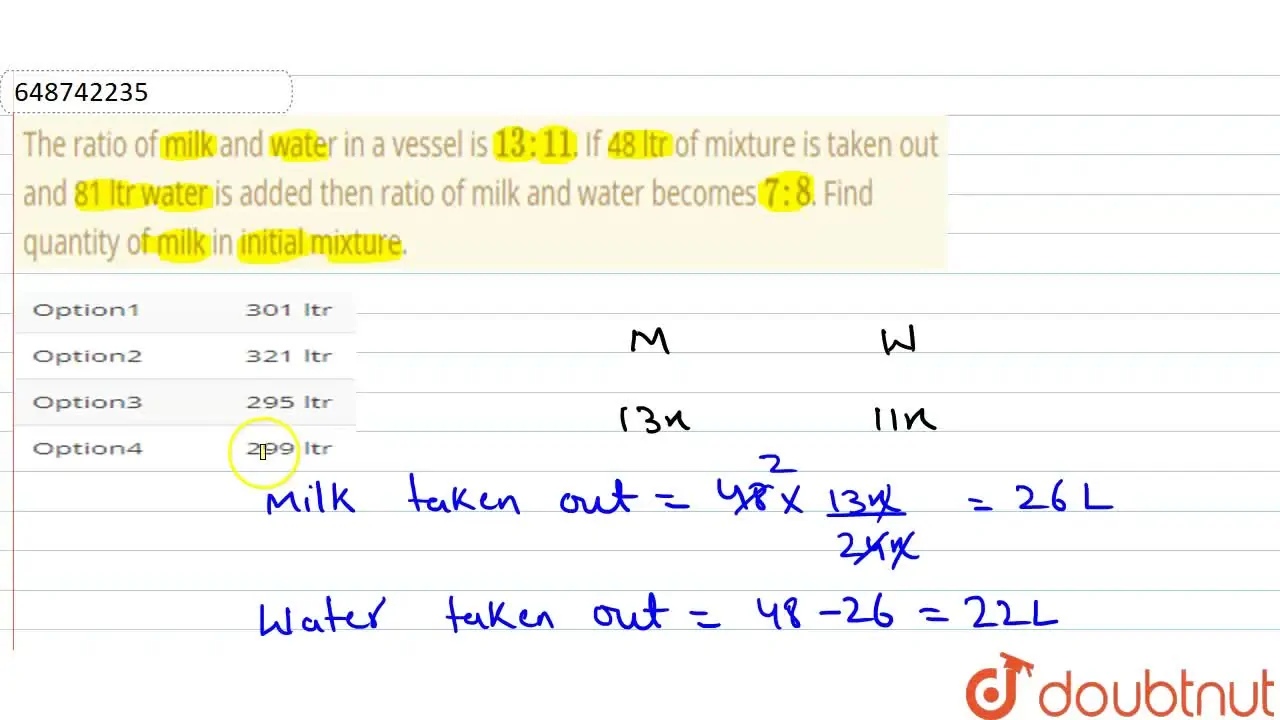 The ratio of milk and water in a vessel is 13 11. If 48 ltr of mixtur