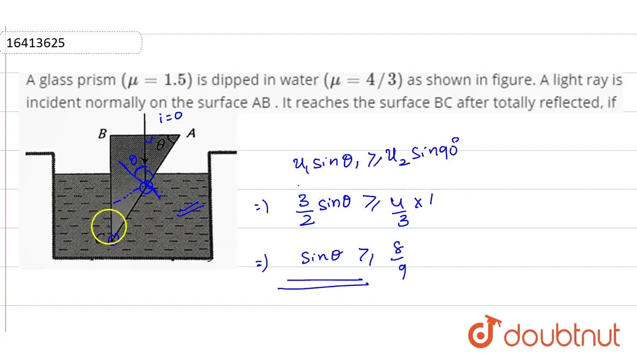 A glass prism (mu = 1.5) is dipped in water (mu = 4//3) as shown in