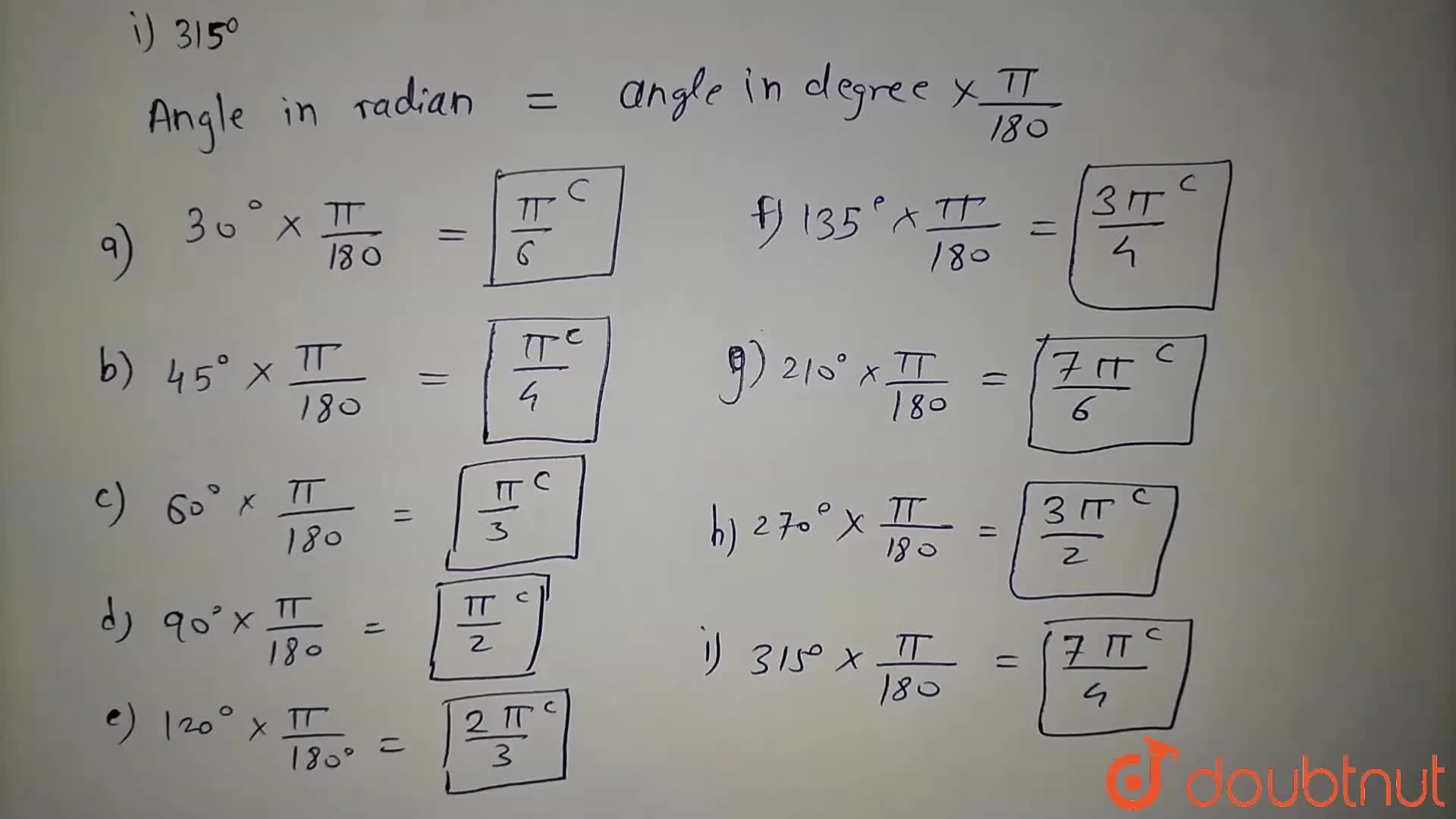 Convert the angle from degree to radian : {:((a) 30^(@),(b) 45^(