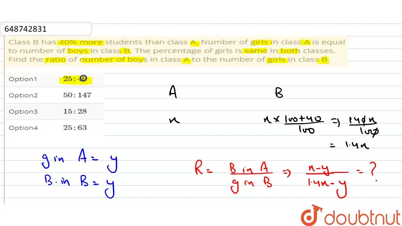 Class B Has 40% More Students Than Class A. Number Of Girls In Class A