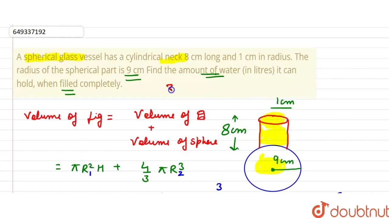 A spherical glass vessel has a cylindrical neck 8 cm long and 1 cm in