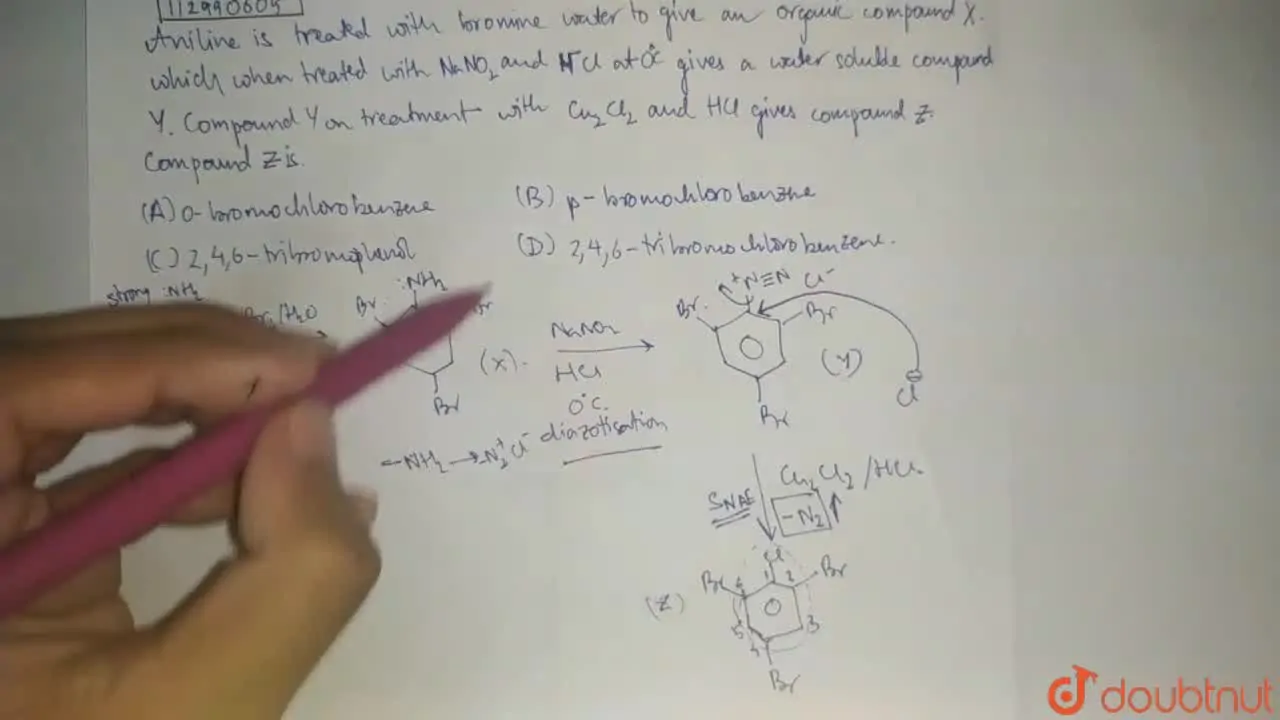 Aniline is treated wi.th bromine water to give an organic compound X w