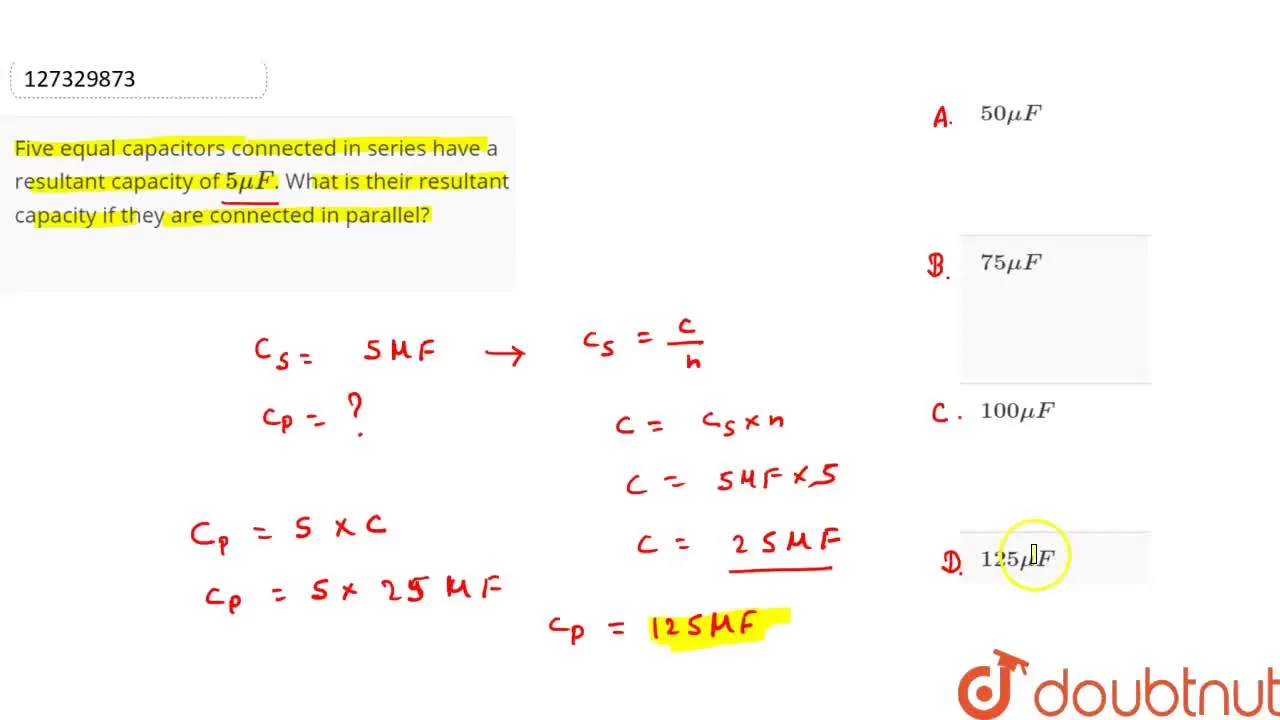 Five equal capacitors connected in series have a resultant capacity of