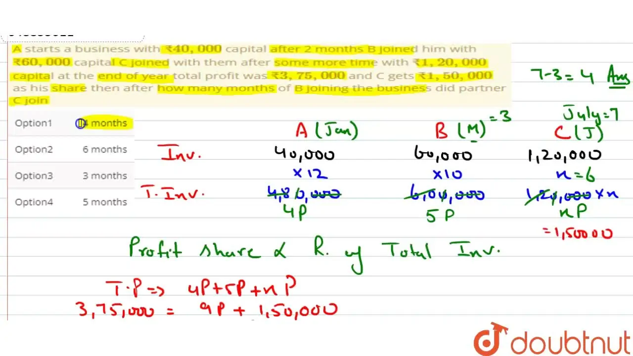 A starts a business with `₹40,000` capital after 2 months B joined him with  `₹60,000` capital C joined with them after some more time with `₹1,20,000`  capital at the end of year