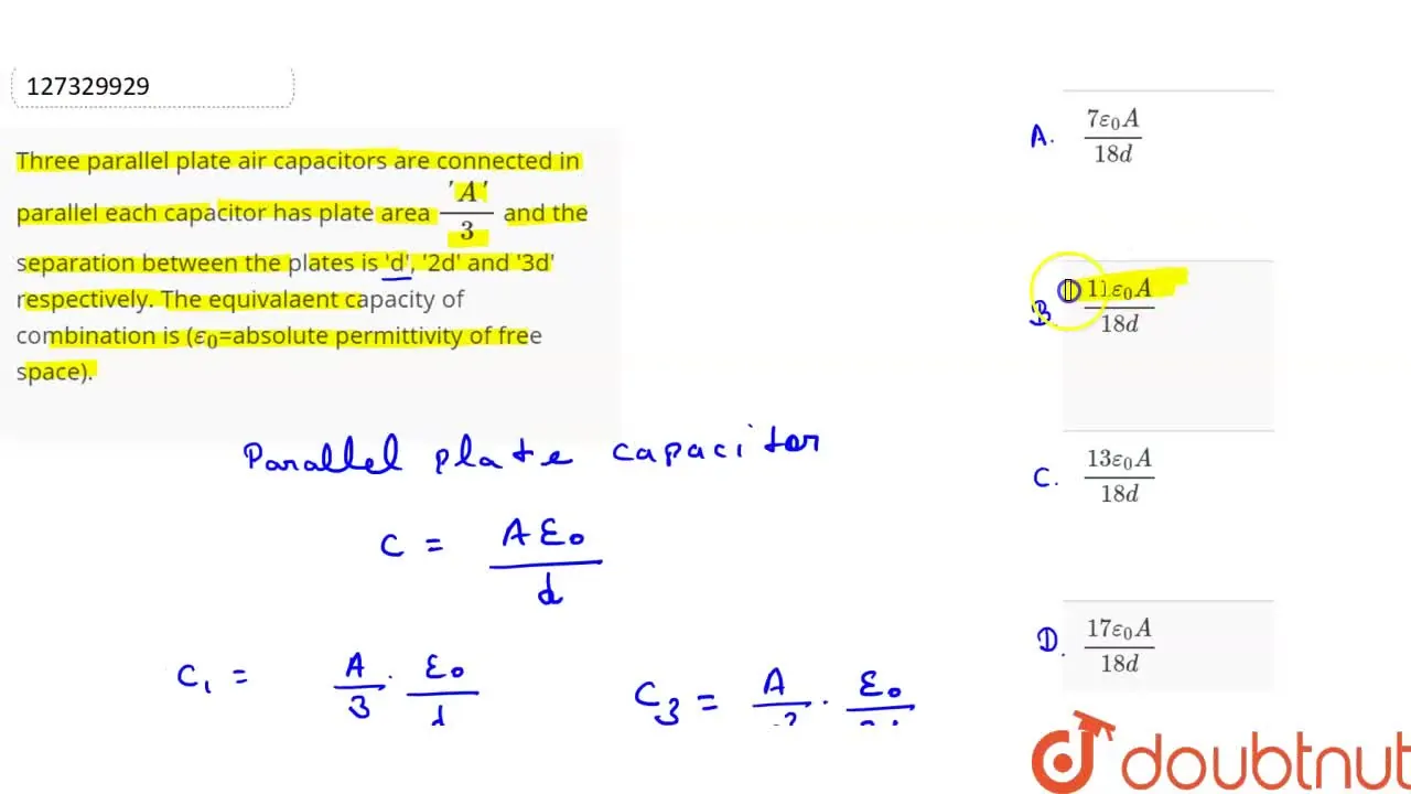 Three parallel plate air capacitors are connected in parallel each cap