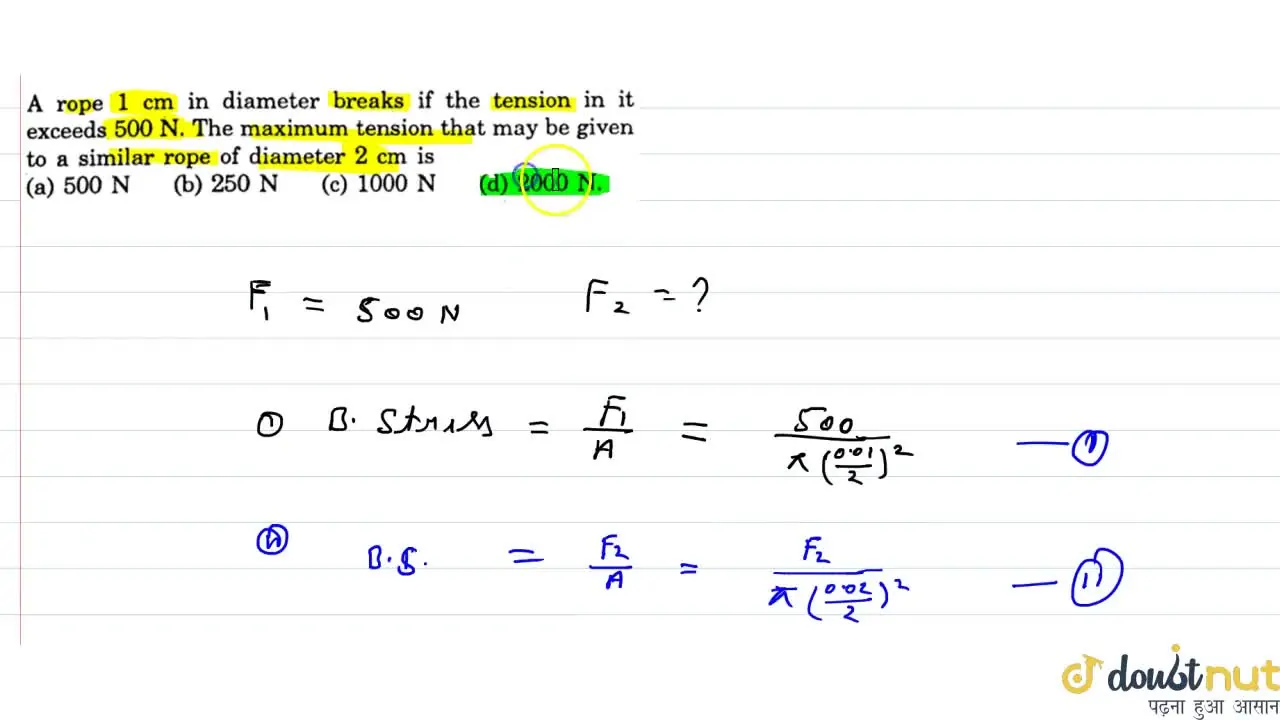 A rope 1 cm in diameter breaks if the tension in it exceeds 500 N. The