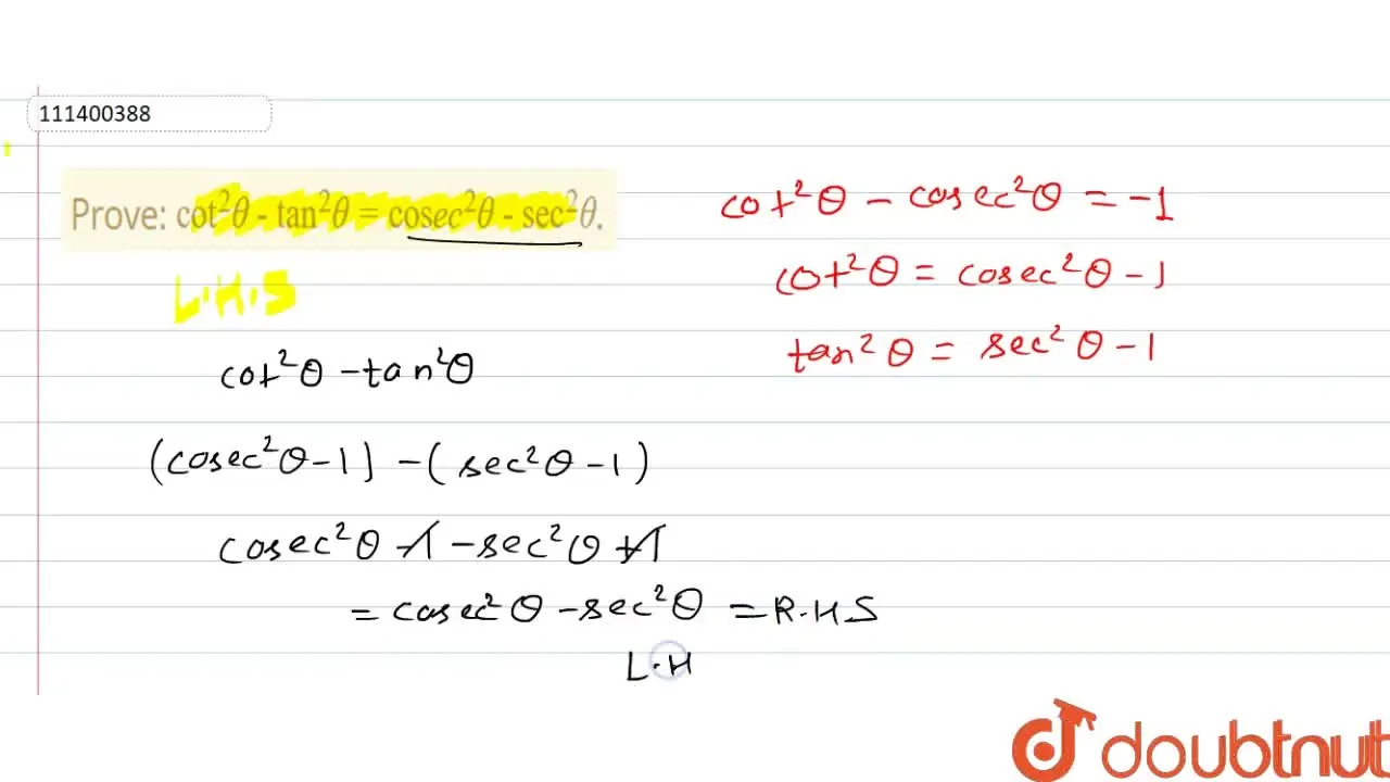 Prove Cot2 Theta Tan2thetacosec2theta Sec2theta 2117