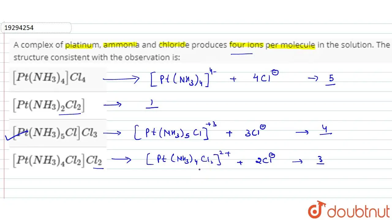 A complex of platinum, ammonia and chloride produces four ions per mol