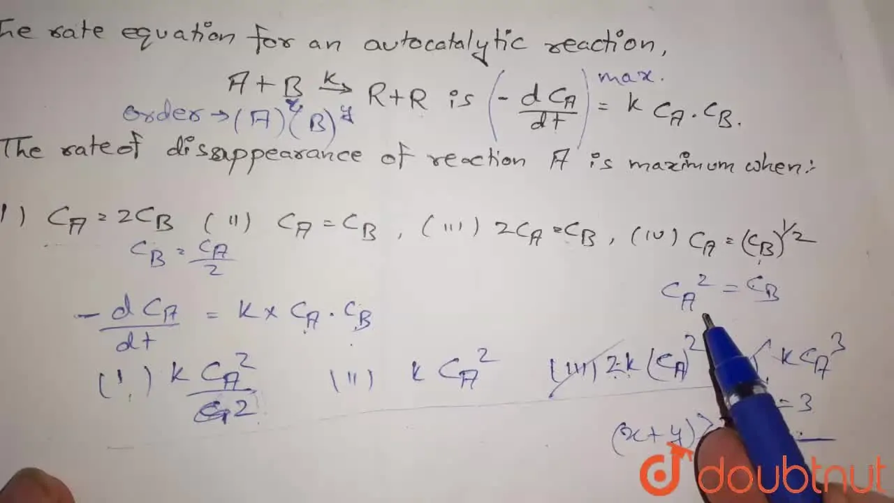 The rate equation for an autocatalytic reaction, A+B overset(K)(rarr