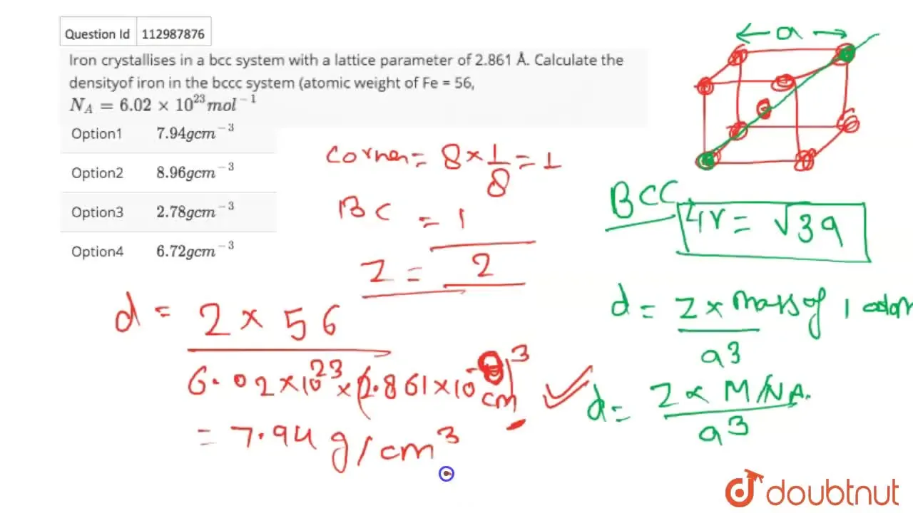 Iron crystallises in a bcc system with a lattice parameter of 2.861 Å.