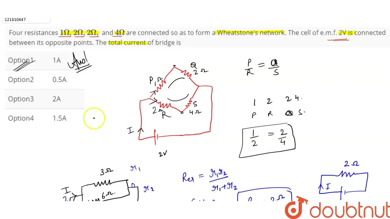 Four resistances 1Omega, 2Omega, 2 Omega, and 4 Omega are connected so