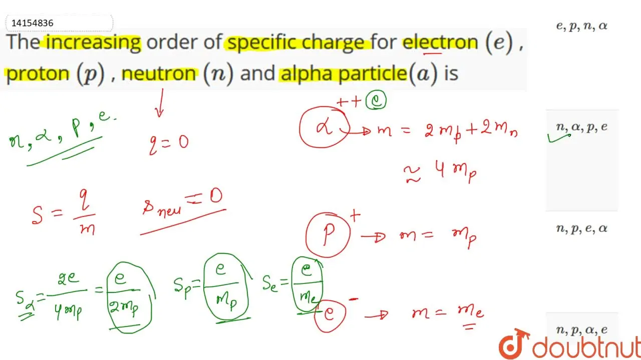 The increasing order of specific charge for electron (e) , proton (p)