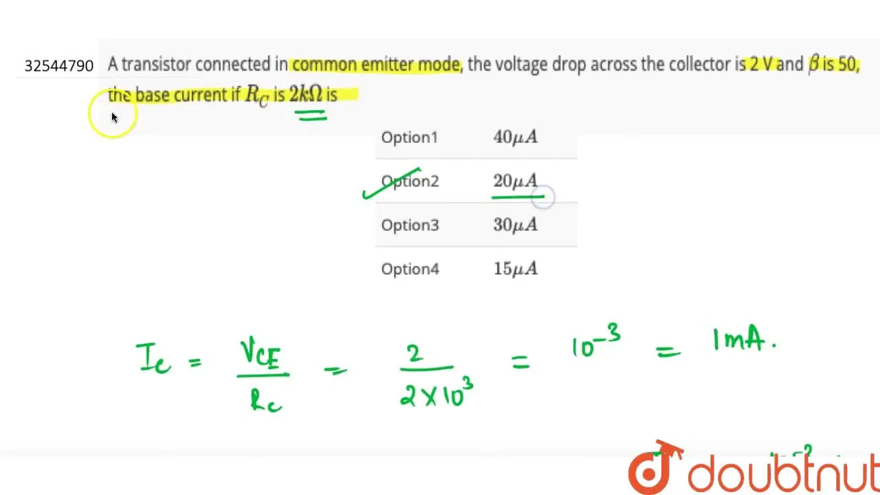 A transistor connected in common emitter mode, the voltage drop across