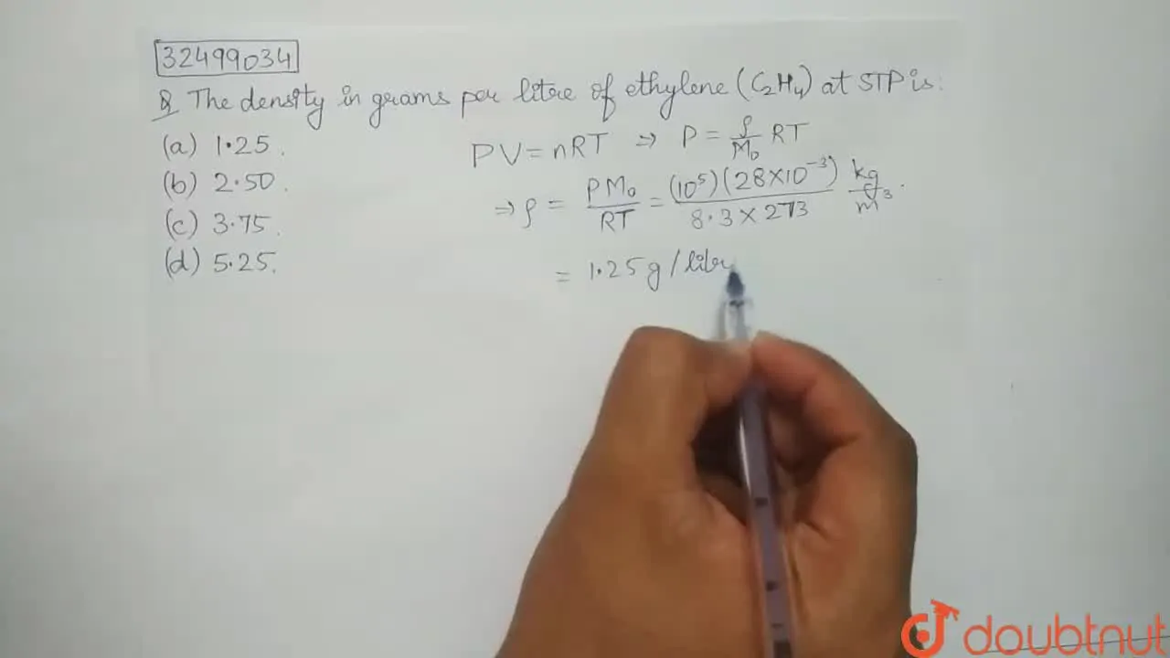 The density in grams per litre of ethylene C 2 H 4 at STP is