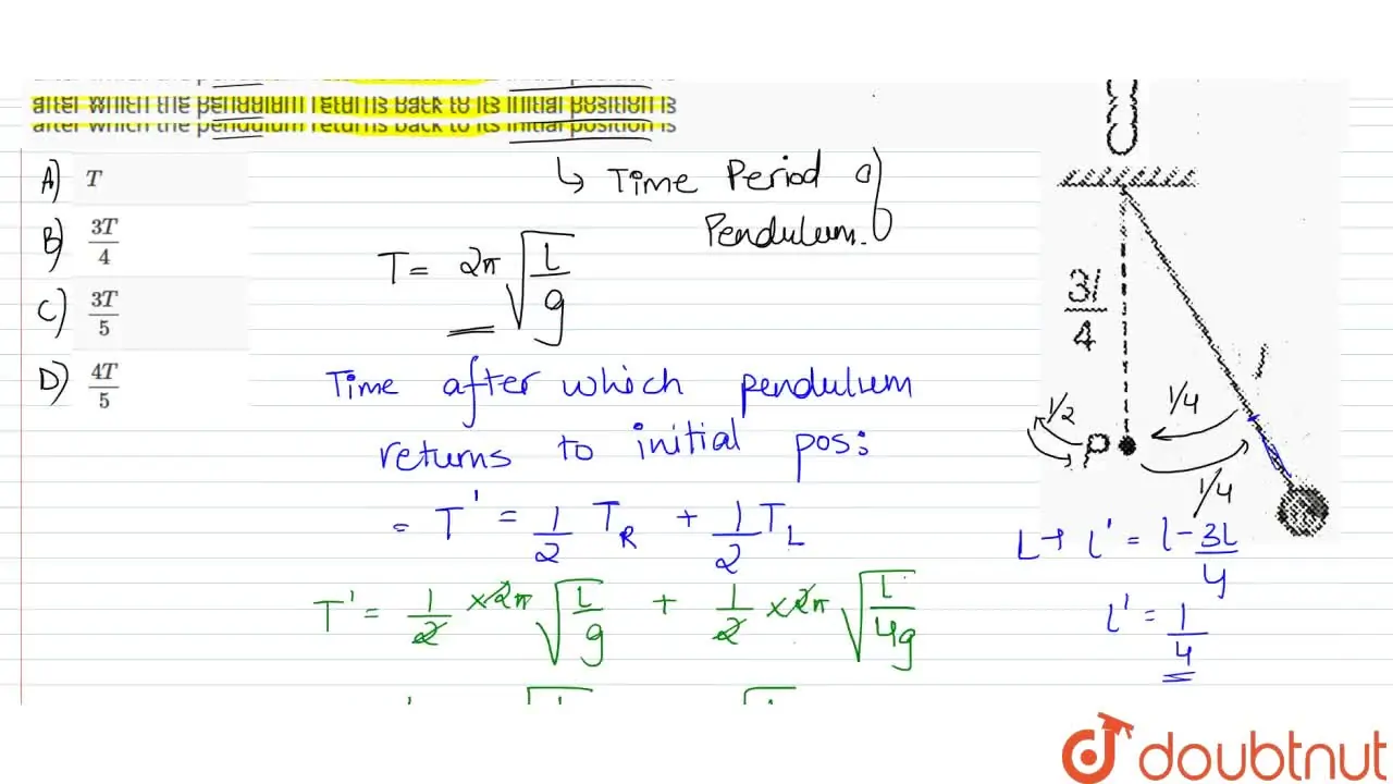 A pendulum has time period T for small oscillations. An obstacle P is