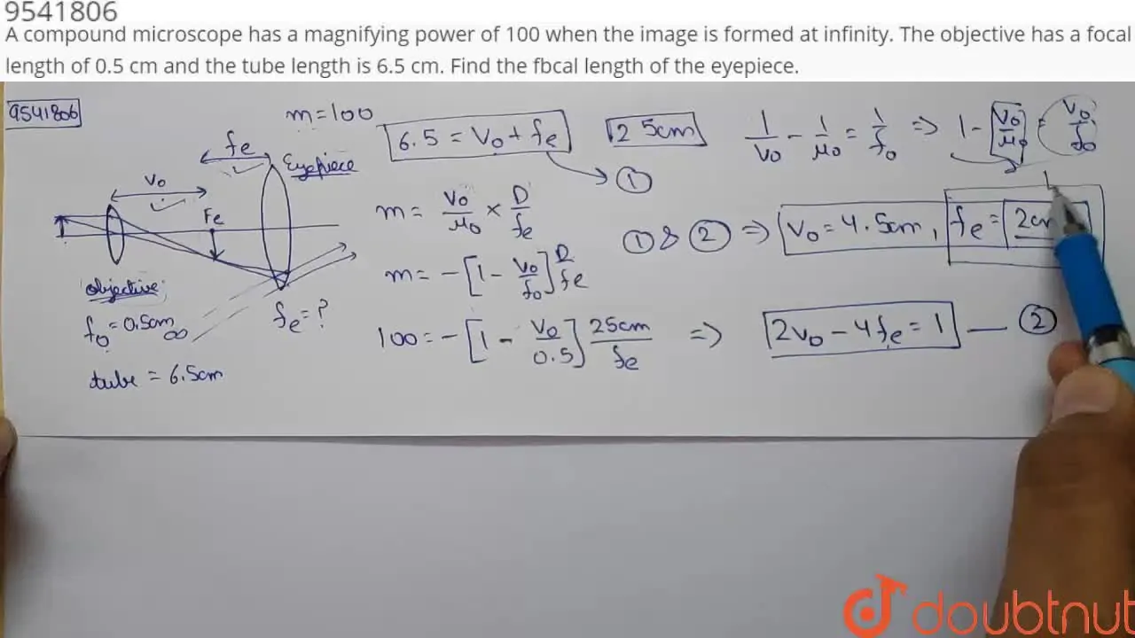 A compound microscope has a magnifying power of 100 when the image is